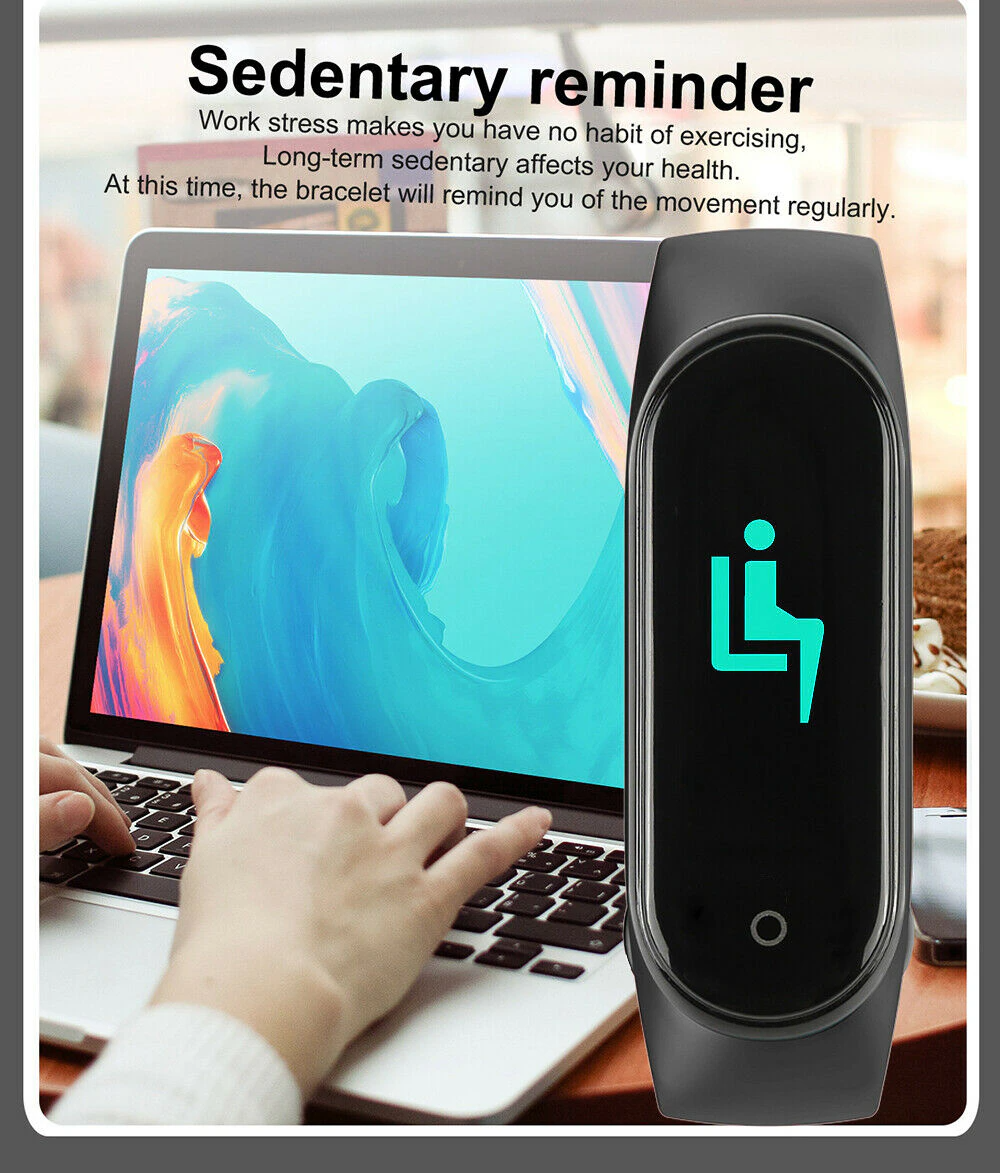 M4 Smart Watch Band Blood Pressure Bracelet with touch screen and fitness tracking features, available in black, blue, and red.