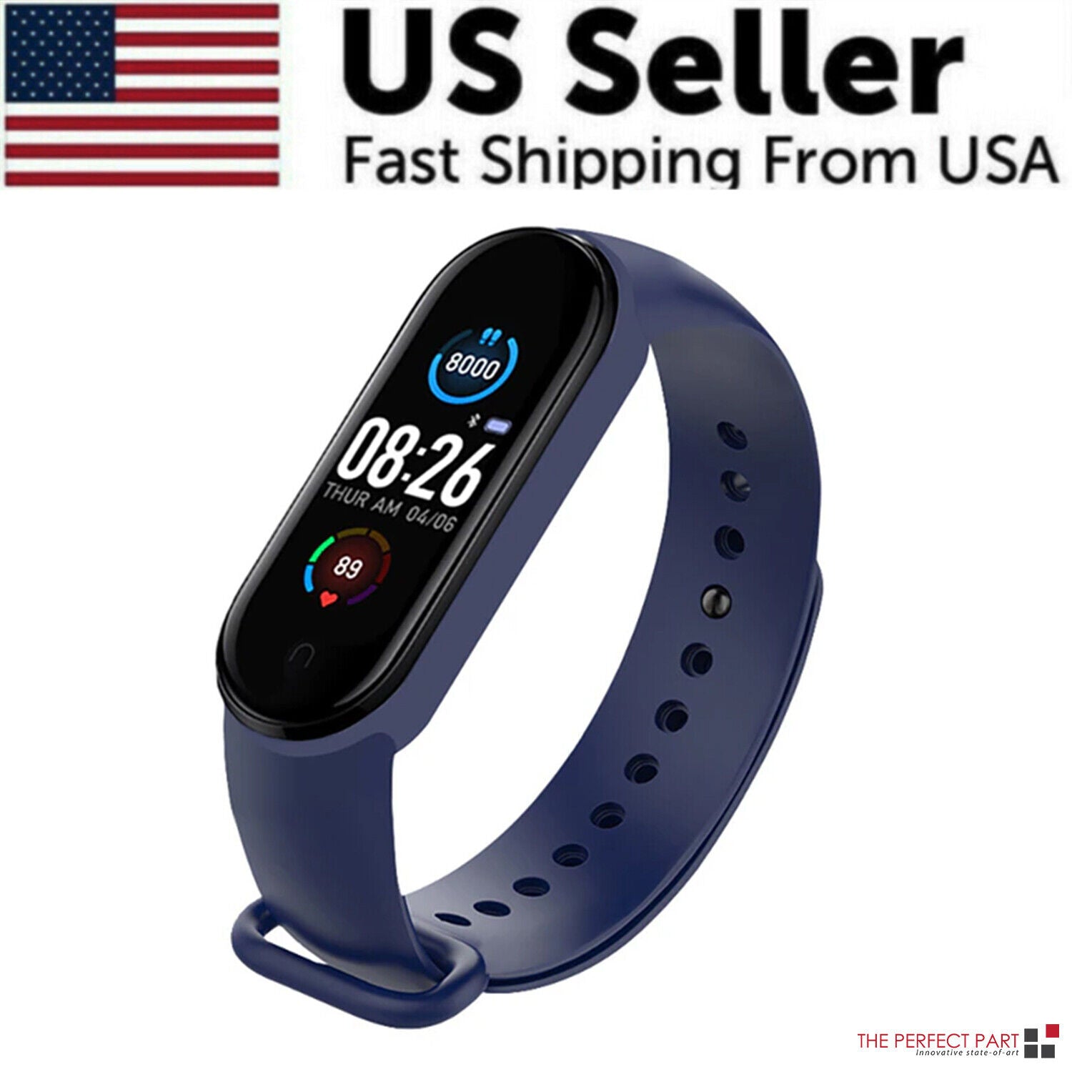 M4 Smart Watch Band Blood Pressure Bracelet with touch screen and fitness tracking features, available in black, blue, and red.