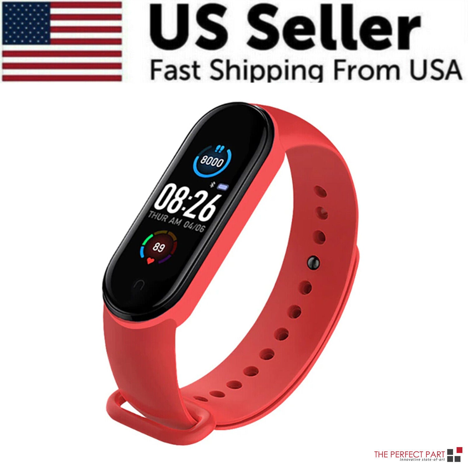M4 Smart Watch Band Blood Pressure Bracelet with touch screen and fitness tracking features, available in black, blue, and red.