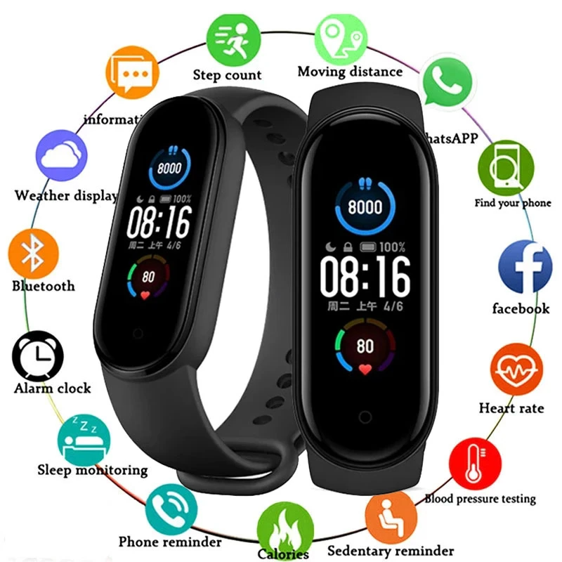 M4 Smart Watch Band Blood Pressure Bracelet with touch screen and fitness tracking features, available in black, blue, and red.