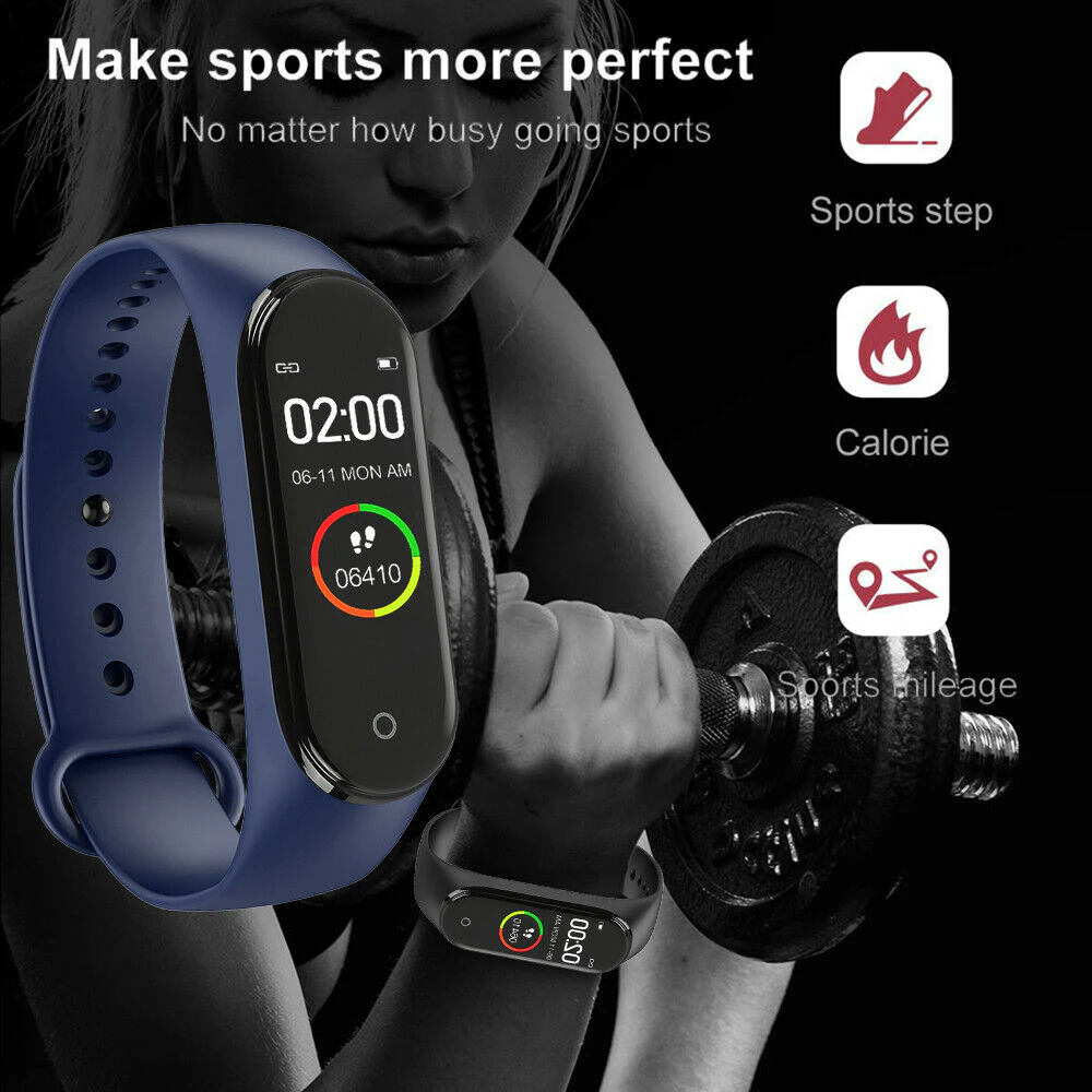 M4 Smart Watch Band Blood Pressure Bracelet with touch screen and fitness tracking features, available in black, blue, and red.