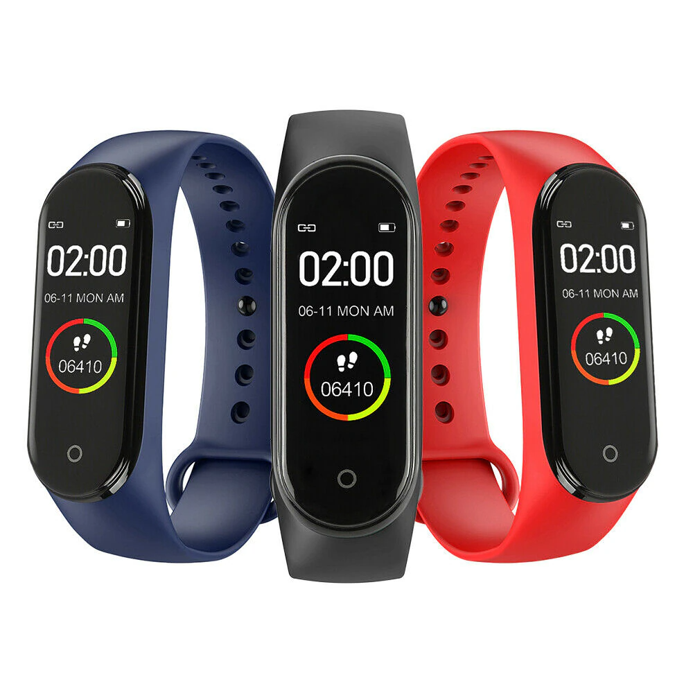 M4 Smart Watch Band Blood Pressure Bracelet with touch screen and fitness tracking features, available in black, blue, and red.