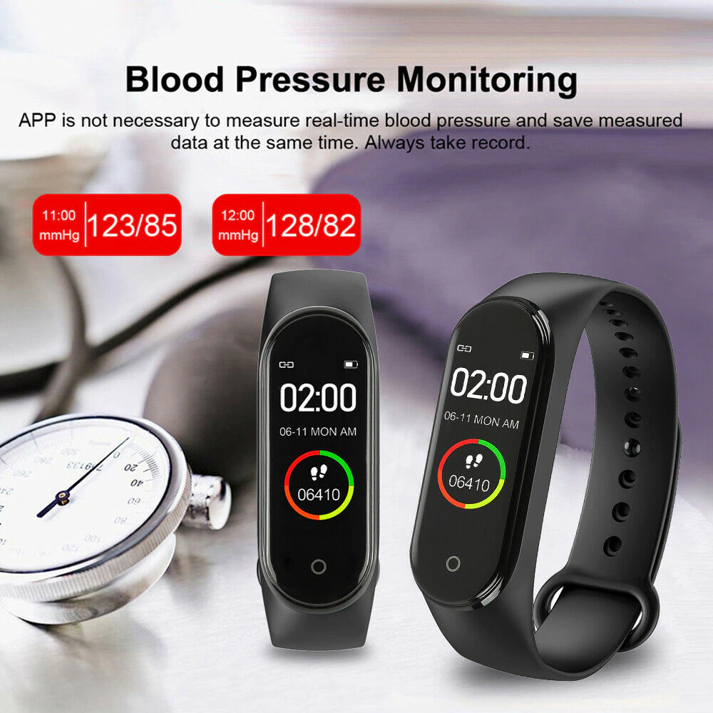 M4 Smart Watch Band Blood Pressure Bracelet with touch screen and fitness tracking features, available in black, blue, and red.
