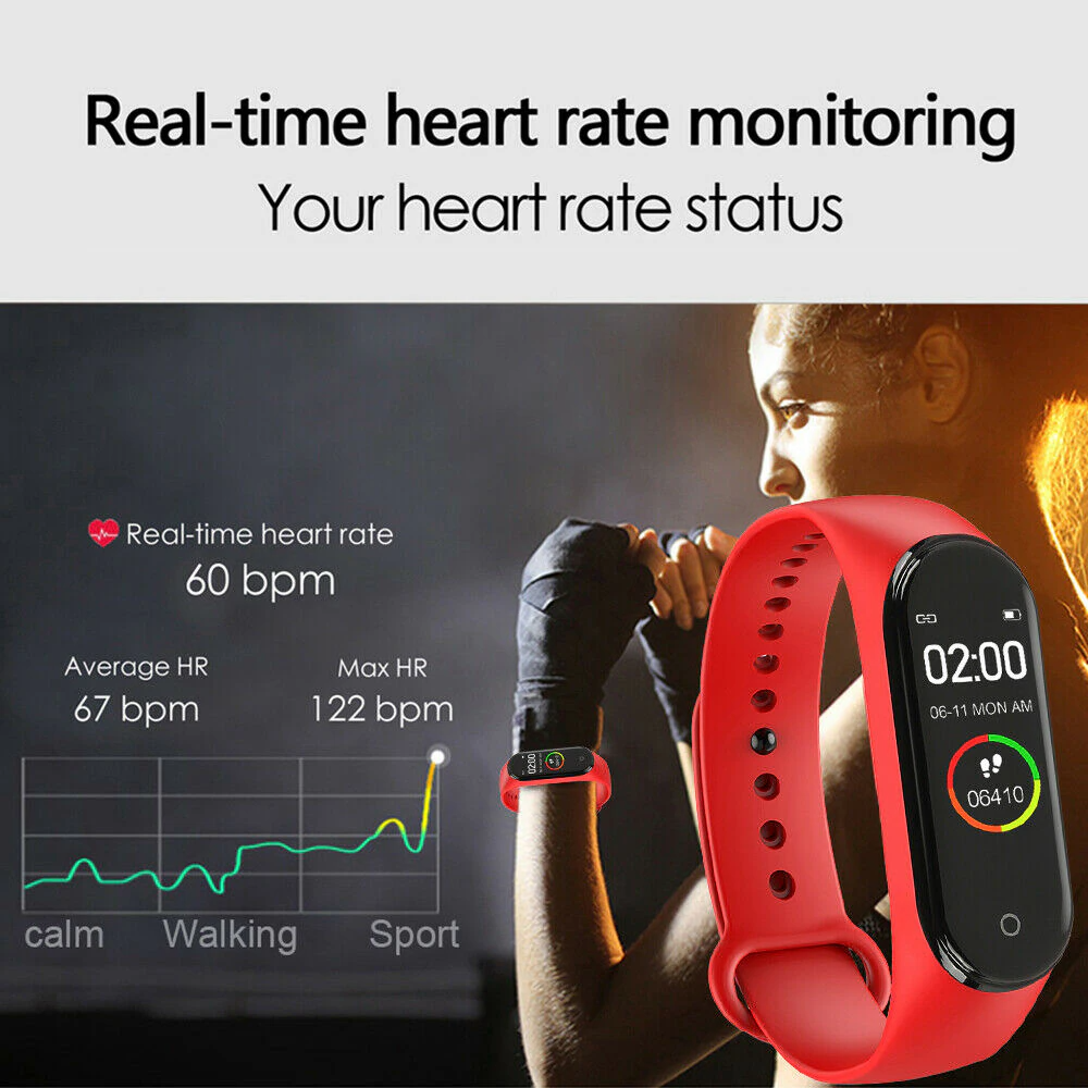 M4 Smart Watch Band Blood Pressure Bracelet with touch screen and fitness tracking features, available in black, blue, and red.