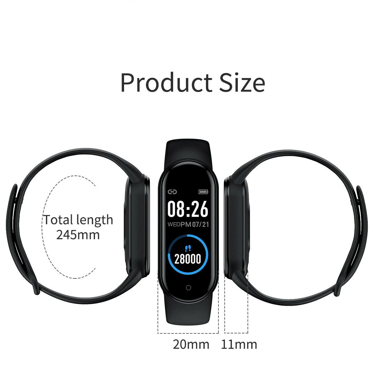 M4 Smart Watch Band Blood Pressure Bracelet with touch screen and fitness tracking features, available in black, blue, and red.