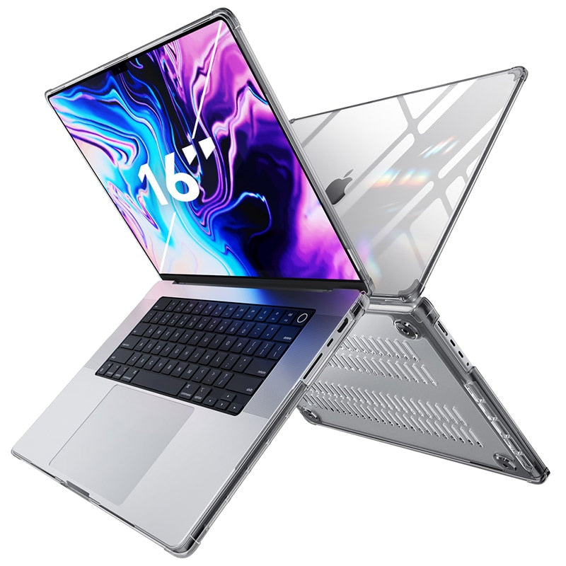 Clear protective case for MacBook Pro 16 inch (2021) M1 Pro and M1 Max, showcasing a slim design with a TPU bumper.