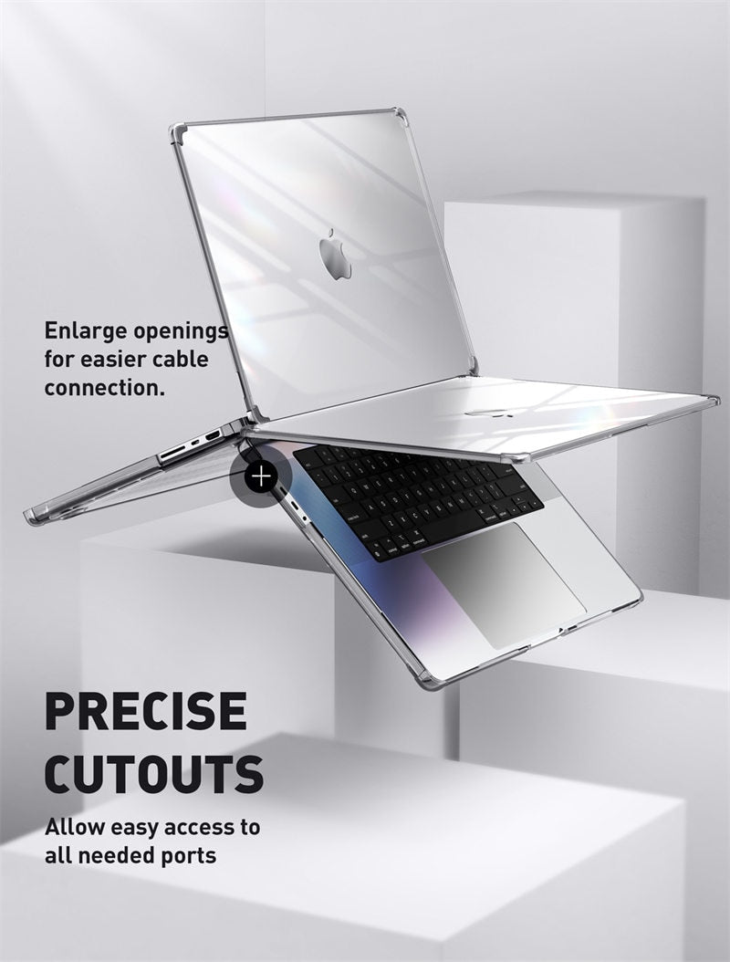 Clear protective case for MacBook Pro 16 inch (2021) M1 Pro and M1 Max, showcasing a slim design with a TPU bumper.