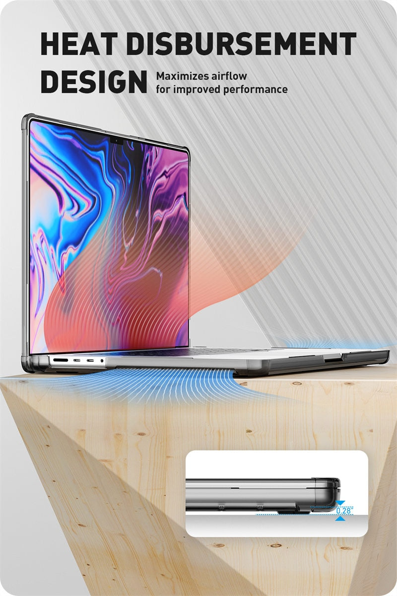 Clear protective case for MacBook Pro 16 inch (2021) M1 Pro and M1 Max, showcasing a slim design with a TPU bumper.