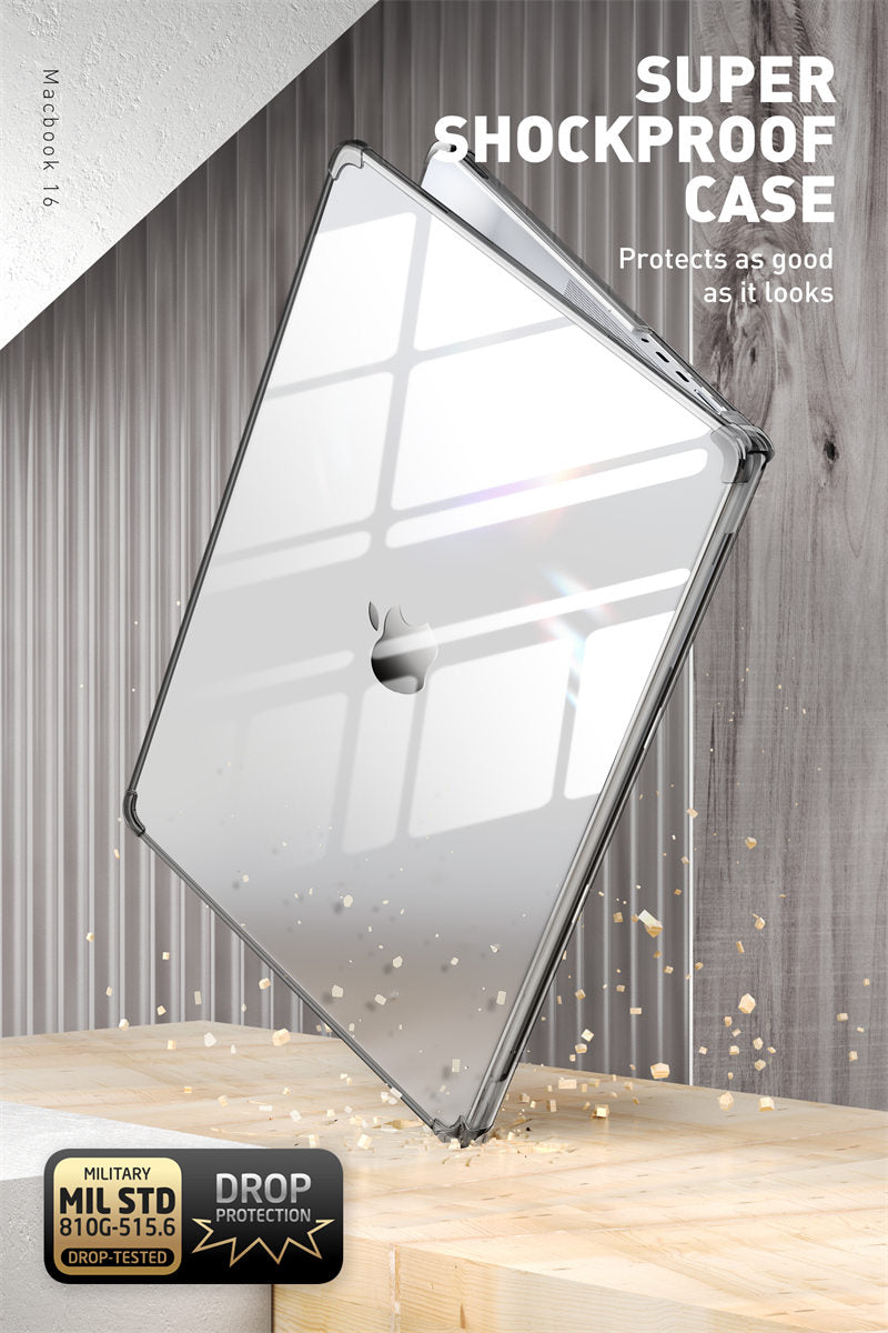 Clear protective case for MacBook Pro 16 inch (2021) M1 Pro and M1 Max, showcasing a slim design with a TPU bumper.