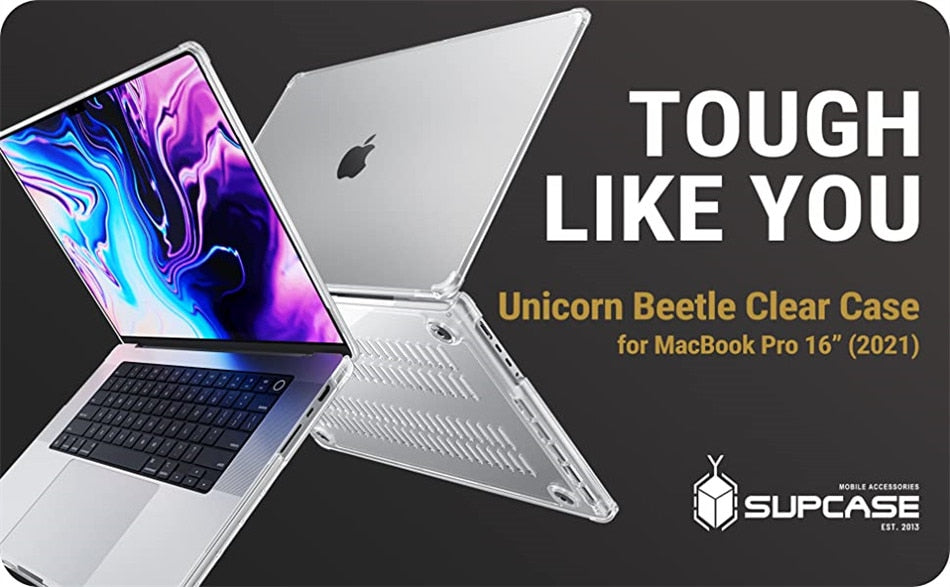 Clear protective case for MacBook Pro 16 inch (2021) M1 Pro and M1 Max, showcasing a slim design with a TPU bumper.