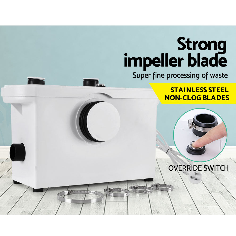 Macerator sewerage pump for waste water disposal, featuring stainless steel blades and three inlets for multiple connections.