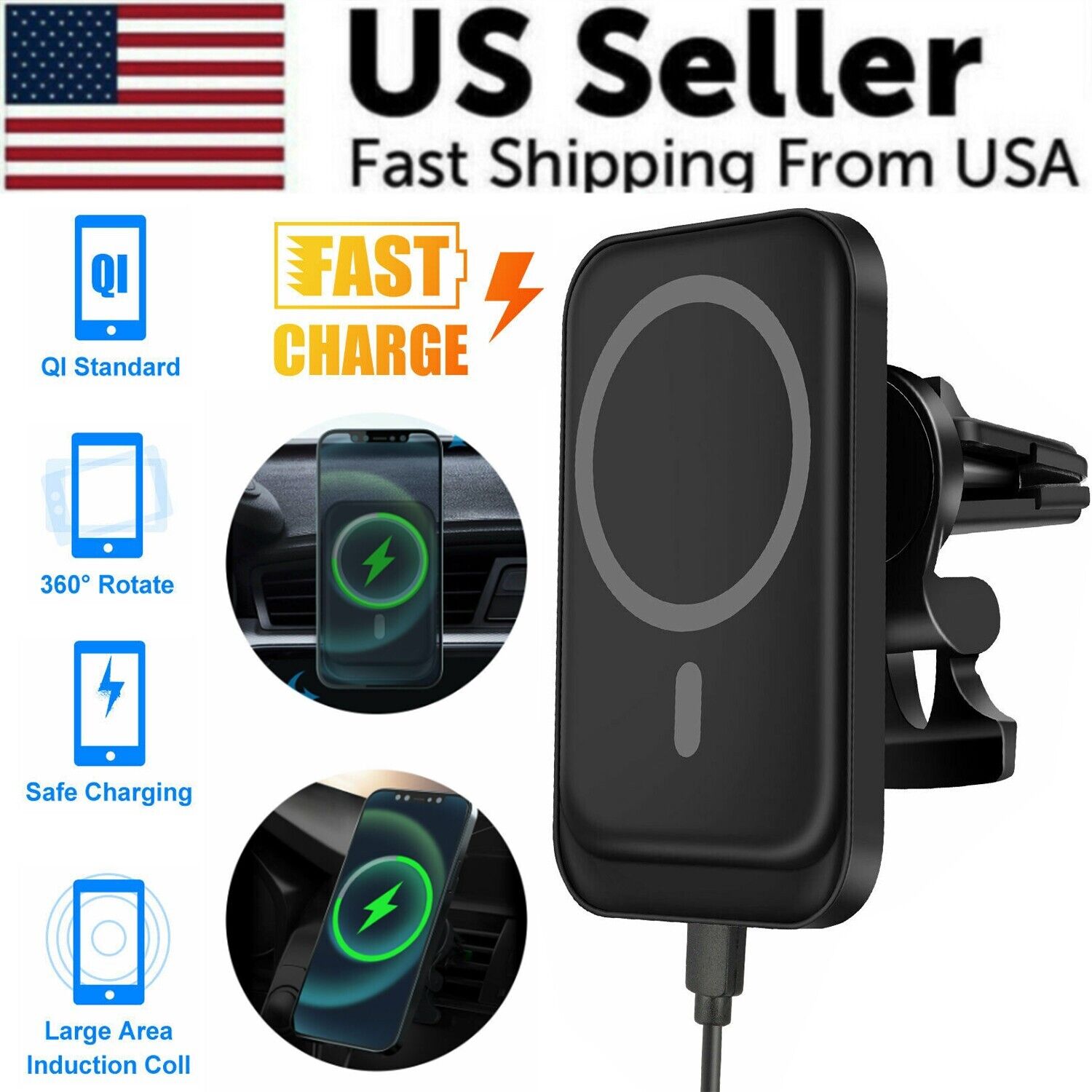Magnetic Wireless Charger Car Mount Holder designed for iPhone 12, 13, and 14 Pro Max, featuring a sleek design and strong magnetic grip.