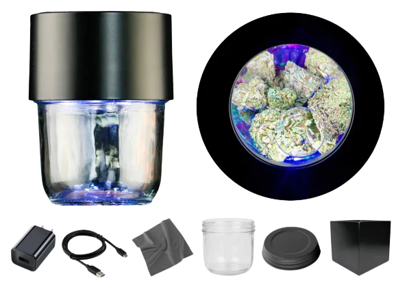 MasonBrite Magnified Light Jar Display Stash Kit v3.0 with LED lid and airtight screw-on lid, showcasing cannabis storage.