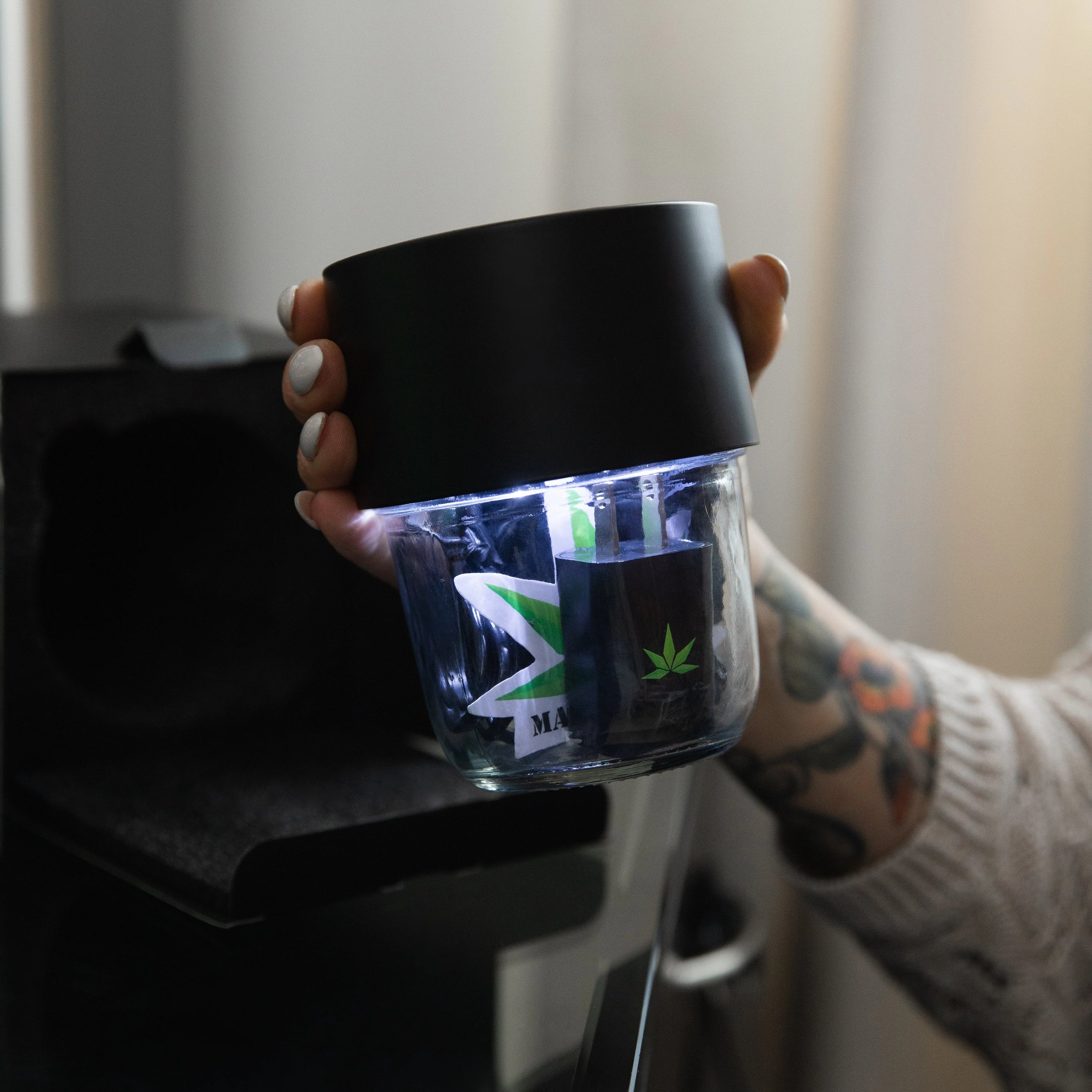 MasonBrite Magnified Light Jar Display Stash Kit v3.0 with LED lid and airtight screw-on lid, showcasing cannabis storage.