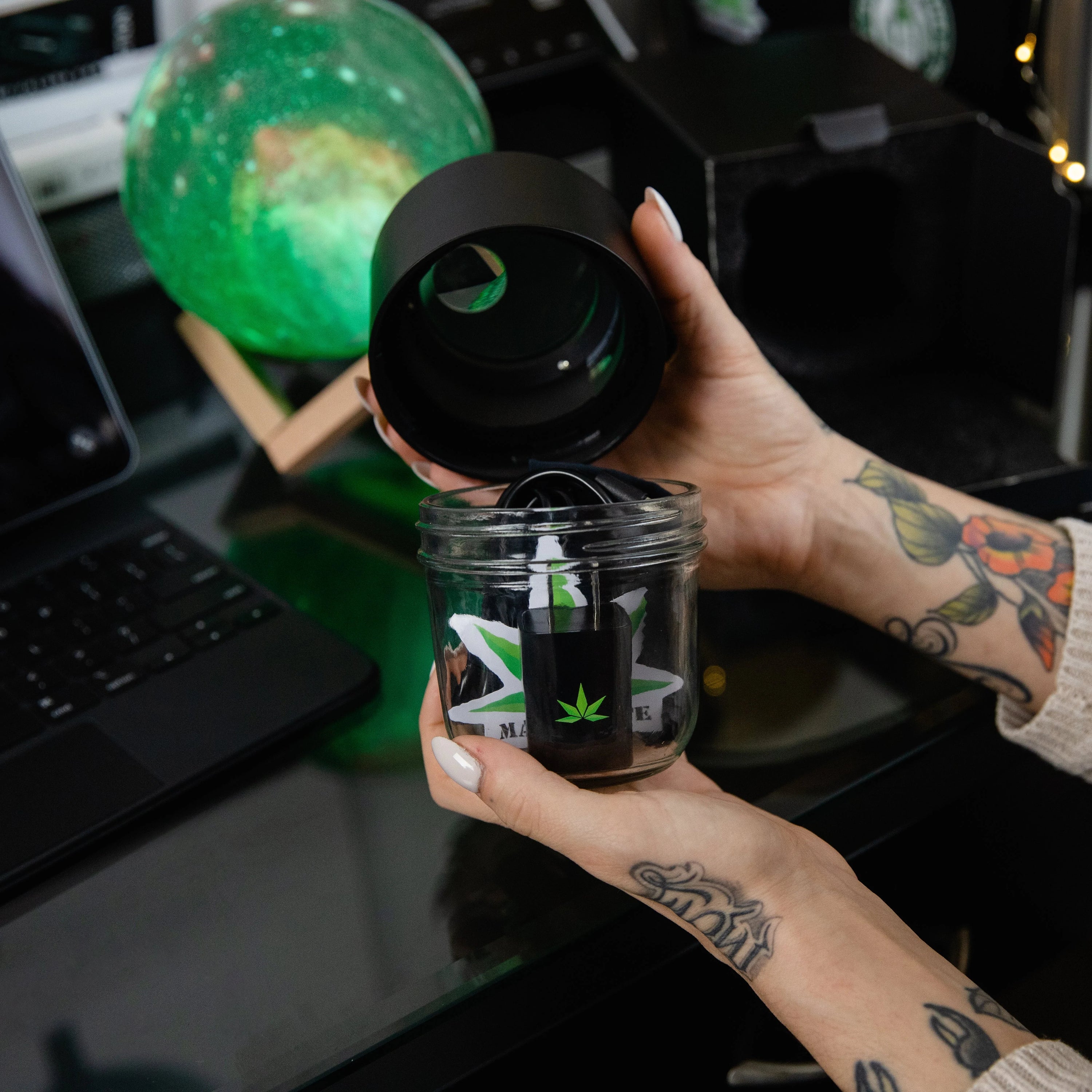 MasonBrite Magnified Light Jar Display Stash Kit v3.0 with LED lid and airtight screw-on lid, showcasing cannabis storage.