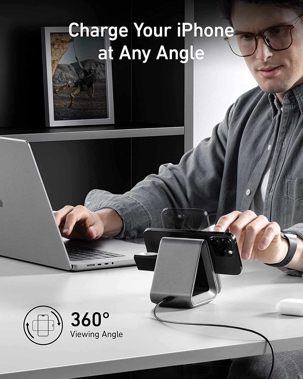 MagGo Charger 3-in-1 Station featuring a sleek design, compatible with MagSafe technology, charging an iPhone, AirPods, and Apple Watch.