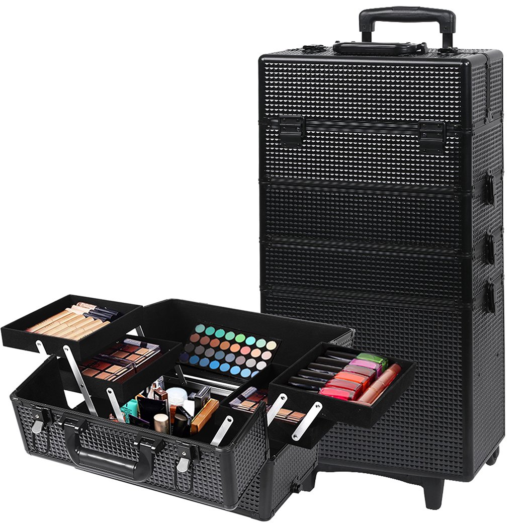 Professional 7 in 1 Makeup Trolley in sleek black with multiple compartments and wheels for easy transport.