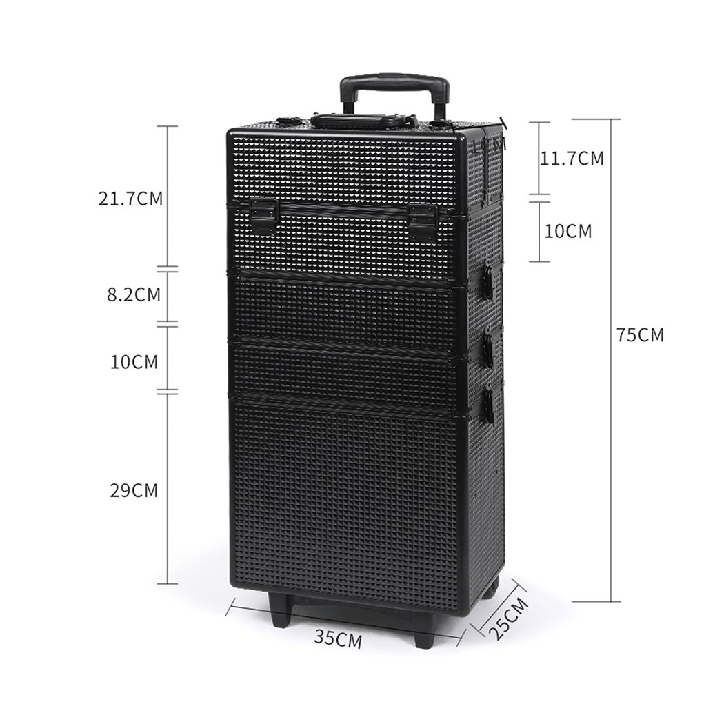 Professional 7 in 1 Makeup Trolley in sleek black with multiple compartments and wheels for easy transport.