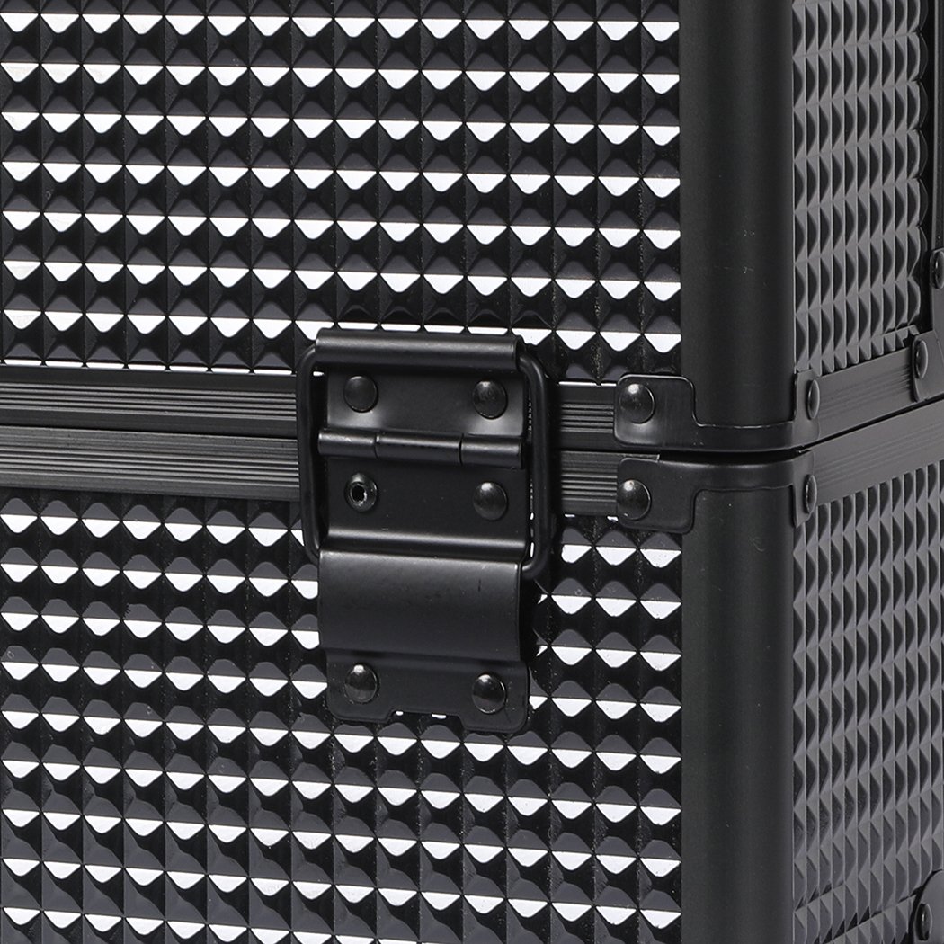 Professional 7 in 1 Makeup Trolley in sleek black with multiple compartments and wheels for easy transport.