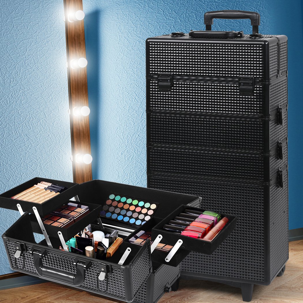 Professional 7 in 1 Makeup Trolley in sleek black with multiple compartments and wheels for easy transport.