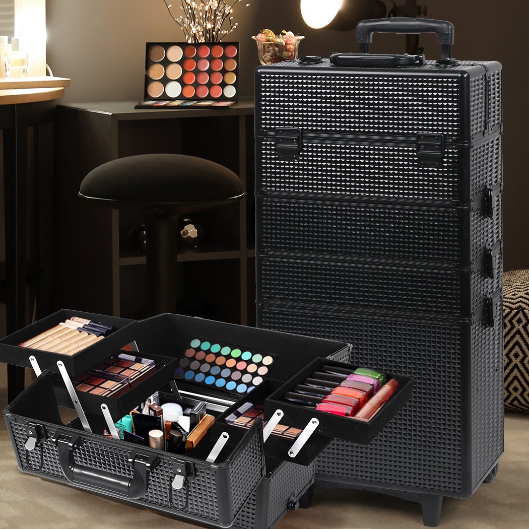 Professional 7 in 1 Makeup Trolley in sleek black with multiple compartments and wheels for easy transport.
