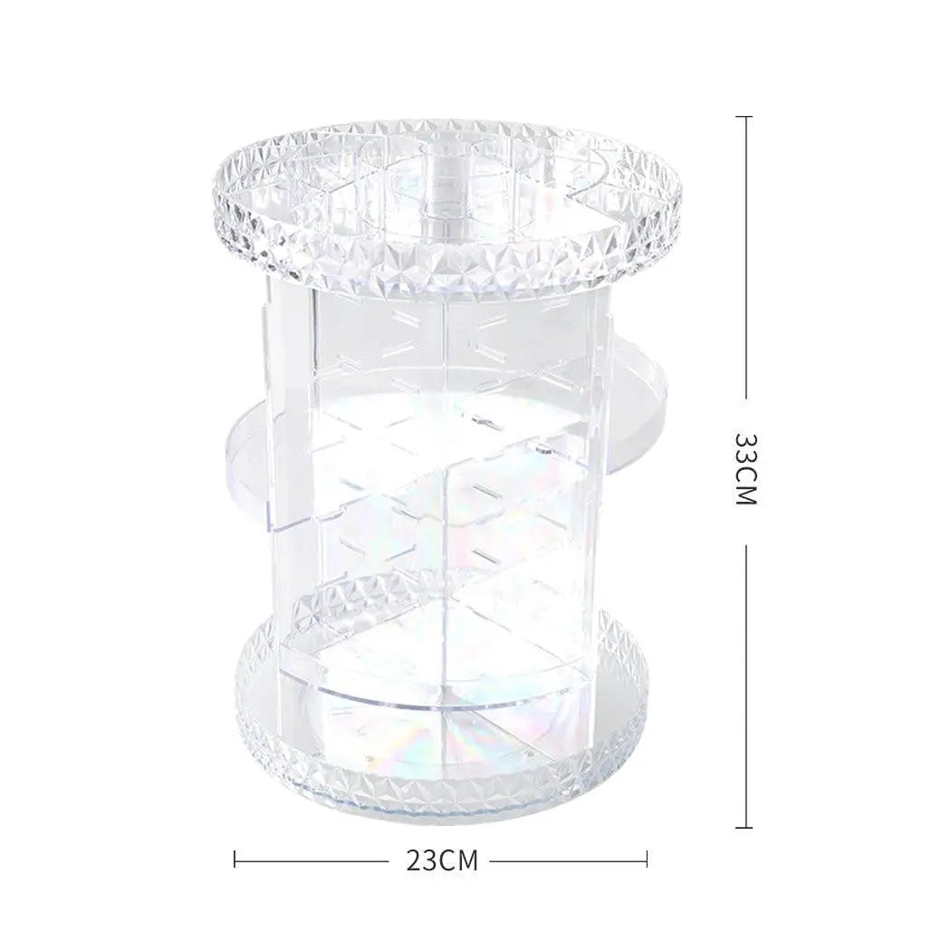 A clear acrylic rotating cosmetic organizer with a diamond shape design, featuring three tiers for makeup storage.