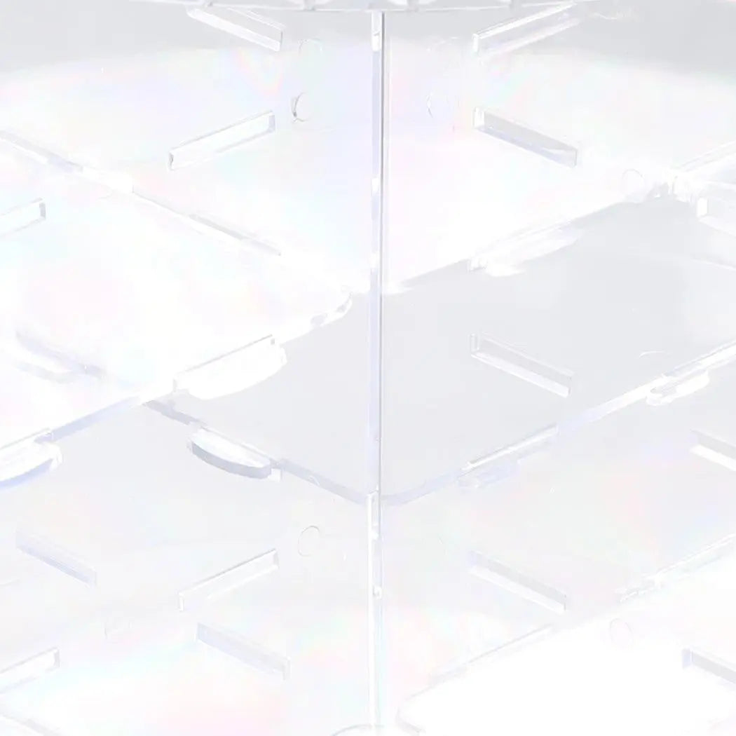 A clear acrylic rotating cosmetic organizer with a diamond shape design, featuring three tiers for makeup storage.