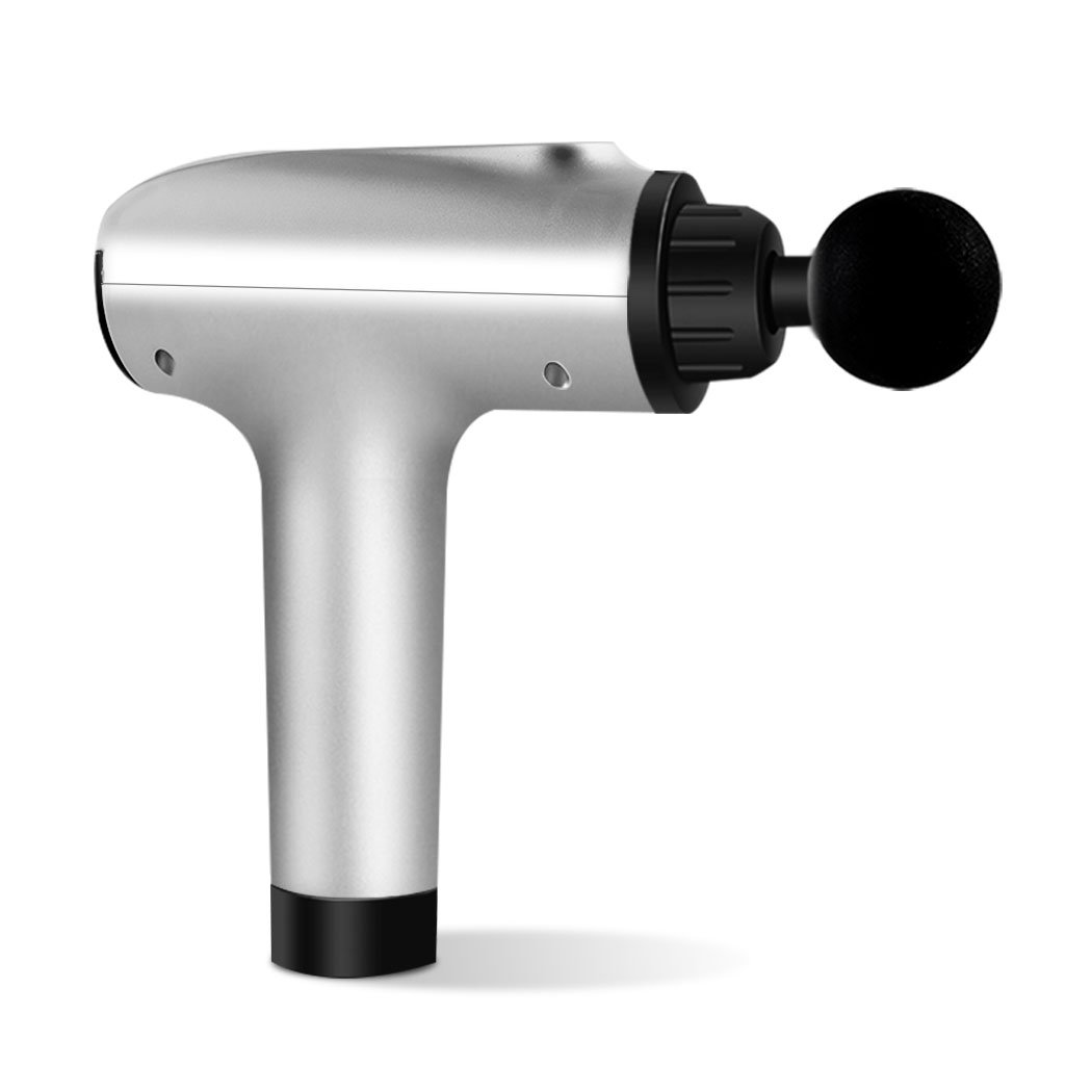 A sleek silver massage gun with four interchangeable heads, designed for deep tissue percussion massage and muscle relaxation.
