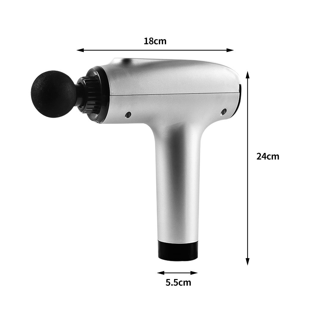 A sleek silver massage gun with four interchangeable heads, designed for deep tissue percussion massage and muscle relaxation.