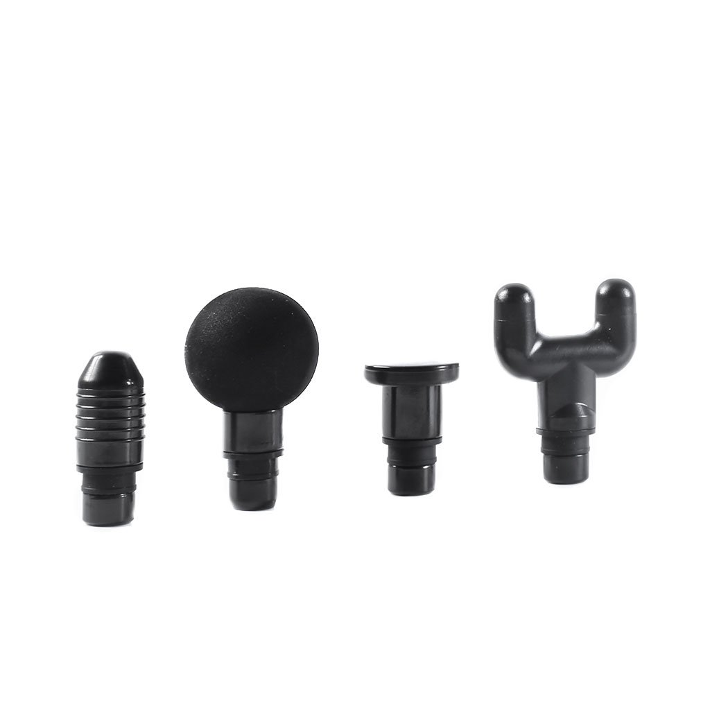 A sleek silver massage gun with four interchangeable heads, designed for deep tissue percussion massage and muscle relaxation.