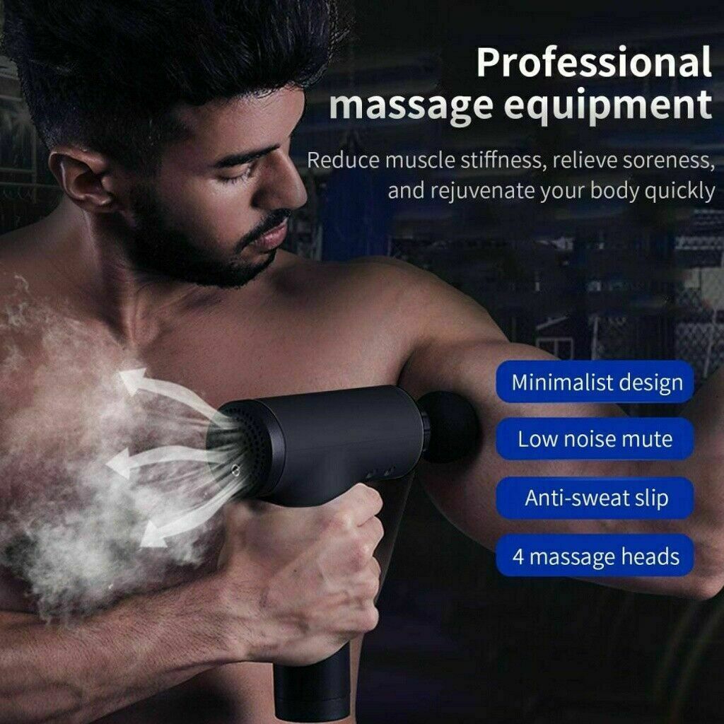 Massage Gun Percussion Massager with four interchangeable heads for deep tissue muscle relaxation.