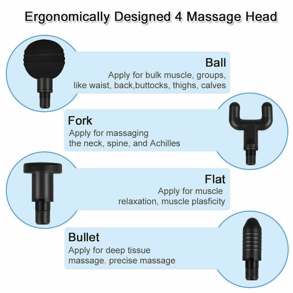 Massage Gun Percussion Massager with four interchangeable heads for deep tissue muscle relaxation.