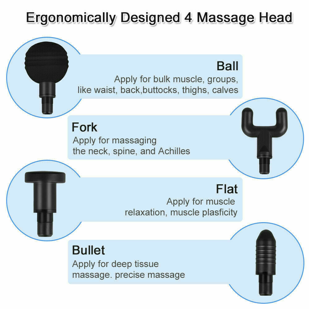 Massage Gun Percussion Massager with four interchangeable heads for deep tissue muscle relaxation.