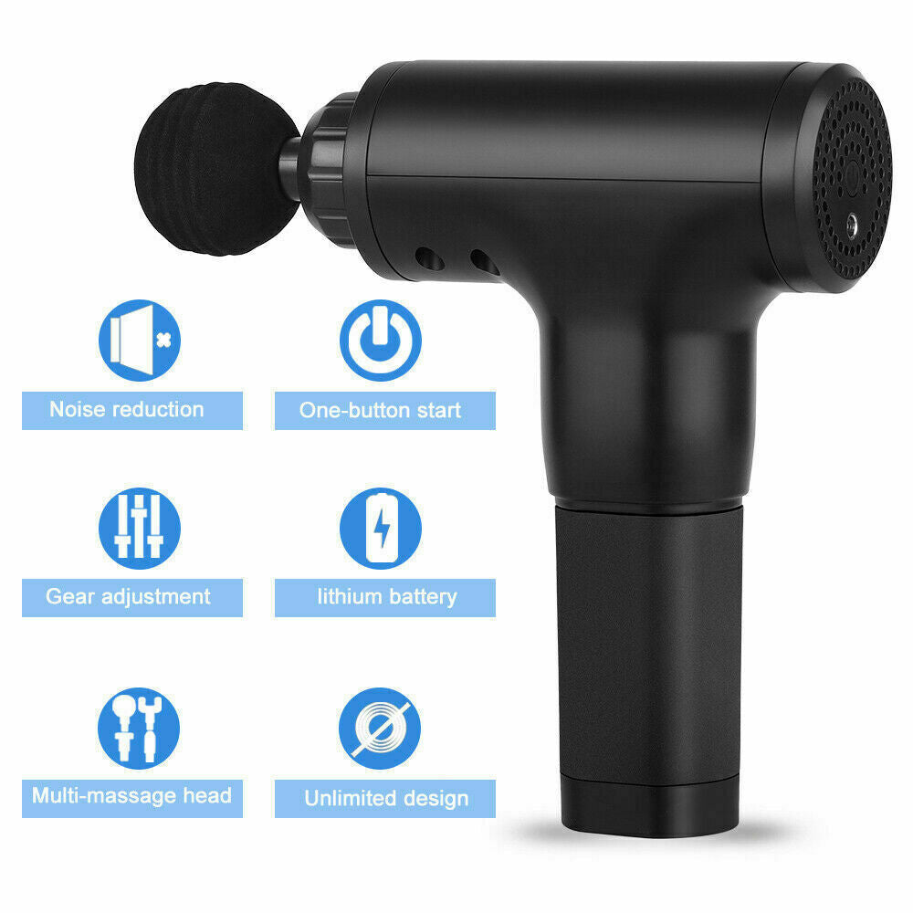 Massage Gun Percussion Massager with four interchangeable heads for deep tissue muscle relaxation.