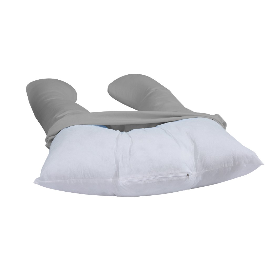 DreamZ U-Shape Maternity Pillow in grey, designed for pregnancy support and nursing, featuring a soft cotton cover and adjustable filling.