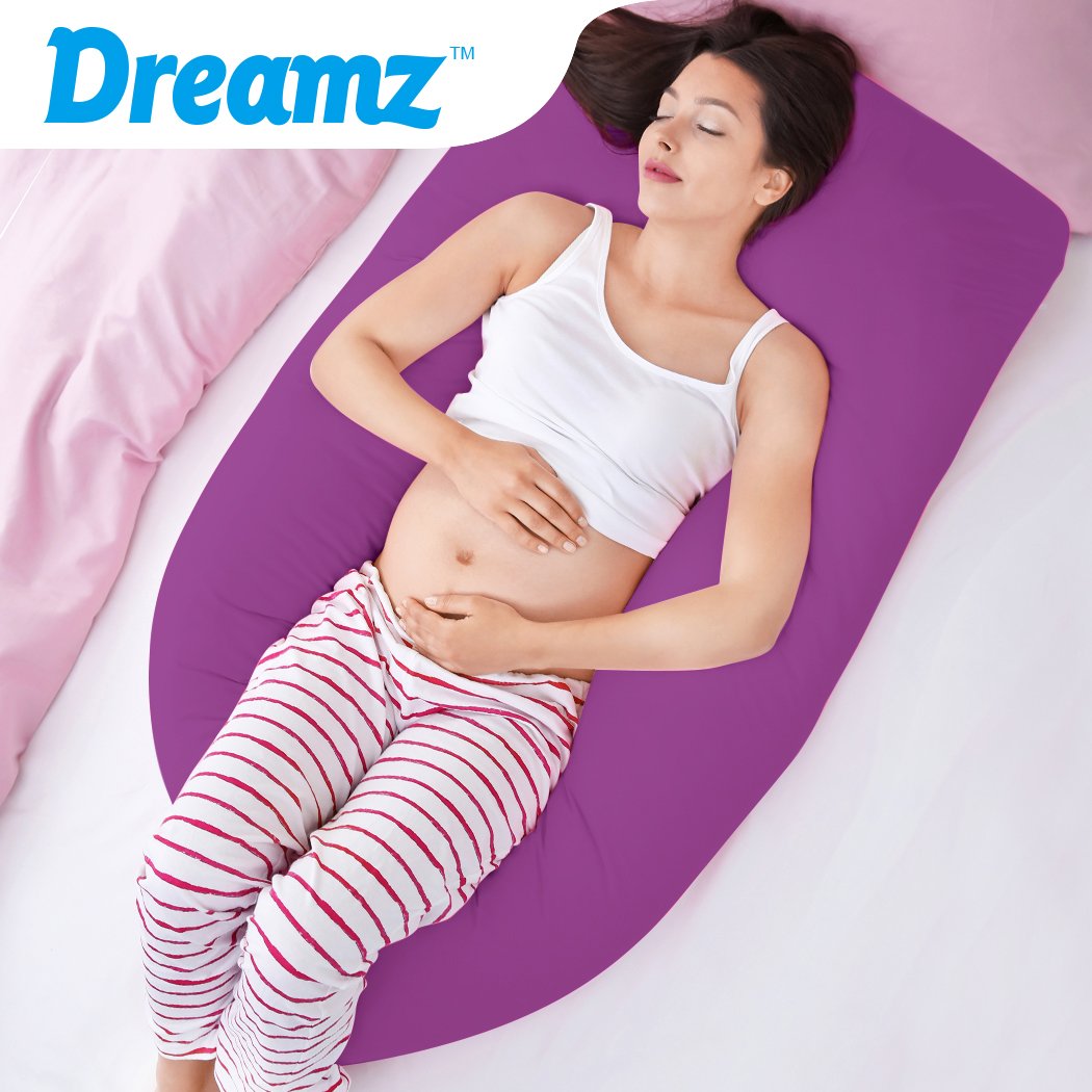 DreamZ U-Shape Maternity Pillow in plum color, designed for pregnancy support and nursing, featuring a soft cotton cover and adjustable filling.