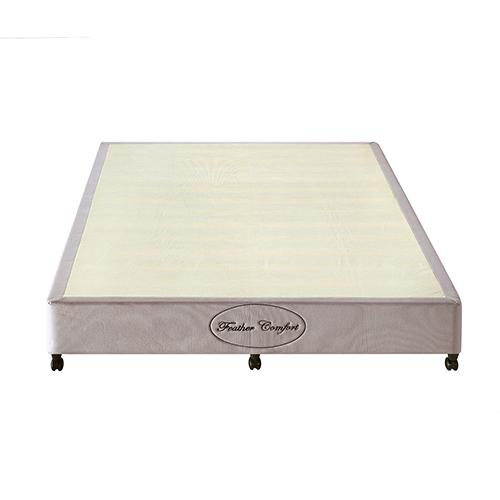 Queen Size Mattress Base Ensemble in Beige with solid pine wood slats and soft knitted fabric cover, featuring movable castors and fixed legs.