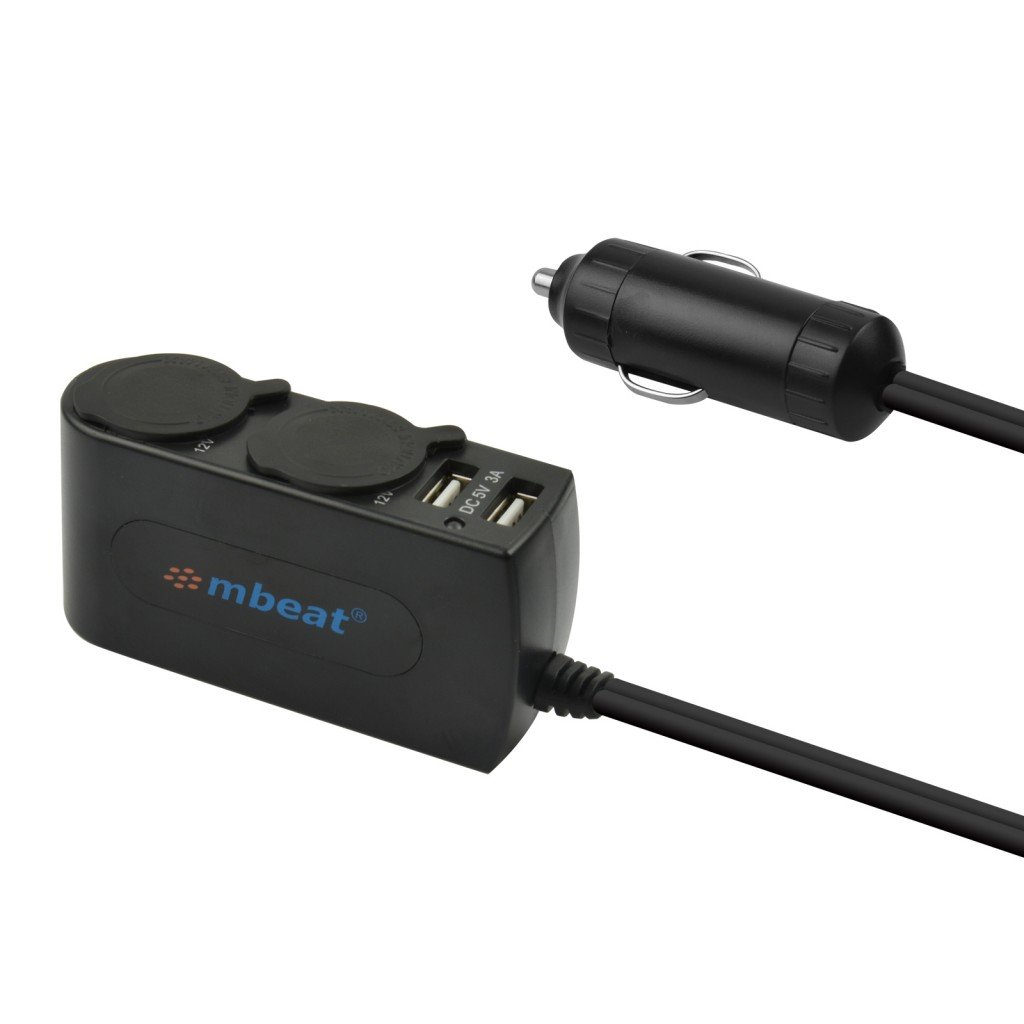 mbeat® 3A Dual Port USB and Dual Cigarette Lighter Car Charger with two USB ports and cigarette lighter expanders, designed for fast charging.