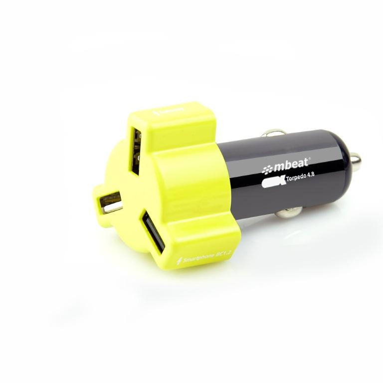MBEAT 3-Port USB 4.8A 24W Triple-port Rapid Car Charger in yellow, designed for fast charging multiple devices.