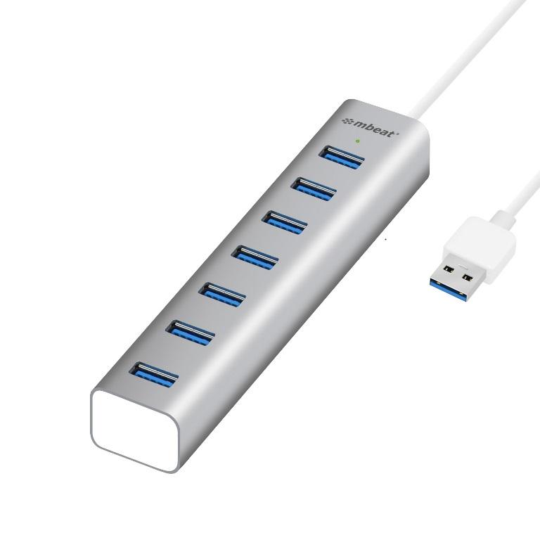 MBEAT 7-Port USB 3.0 Powered Hub in sleek aluminium design with multiple USB ports.