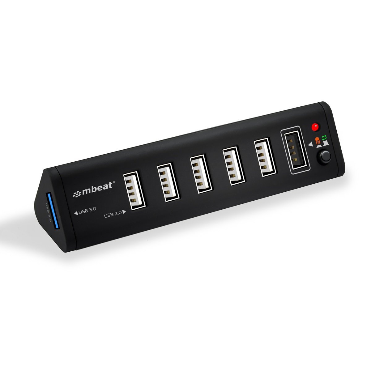 MBEAT 7-Port USB Hub with 2.1A Smart Charging, featuring multiple USB ports and a sleek design.
