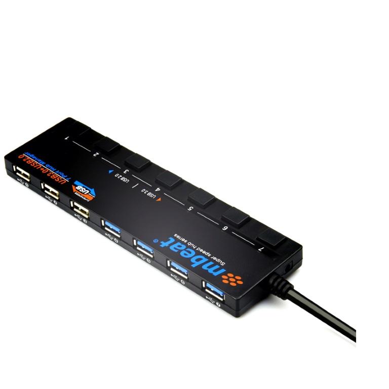 MBEAT 7-Port USB Hub with 4 USB 3.0 and 3 USB 2.0 ports, featuring individual power switches and a sleek black design.