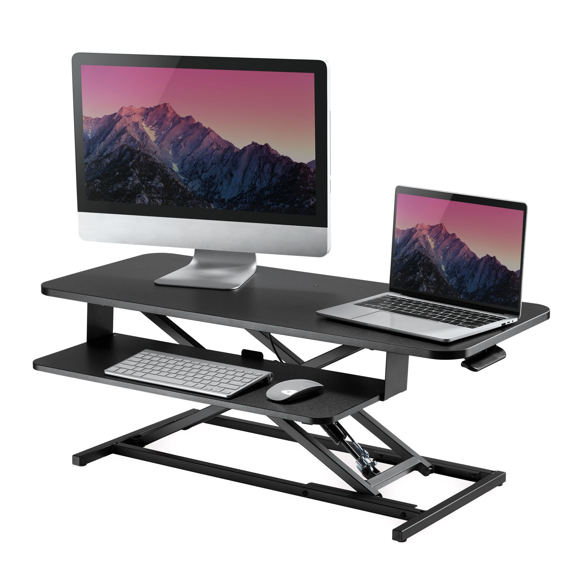 MBEAT activiva 95cm Large Ergonomic Sit-Stand Desk with keyboard tray, showcasing a spacious work surface and sturdy metal frame.