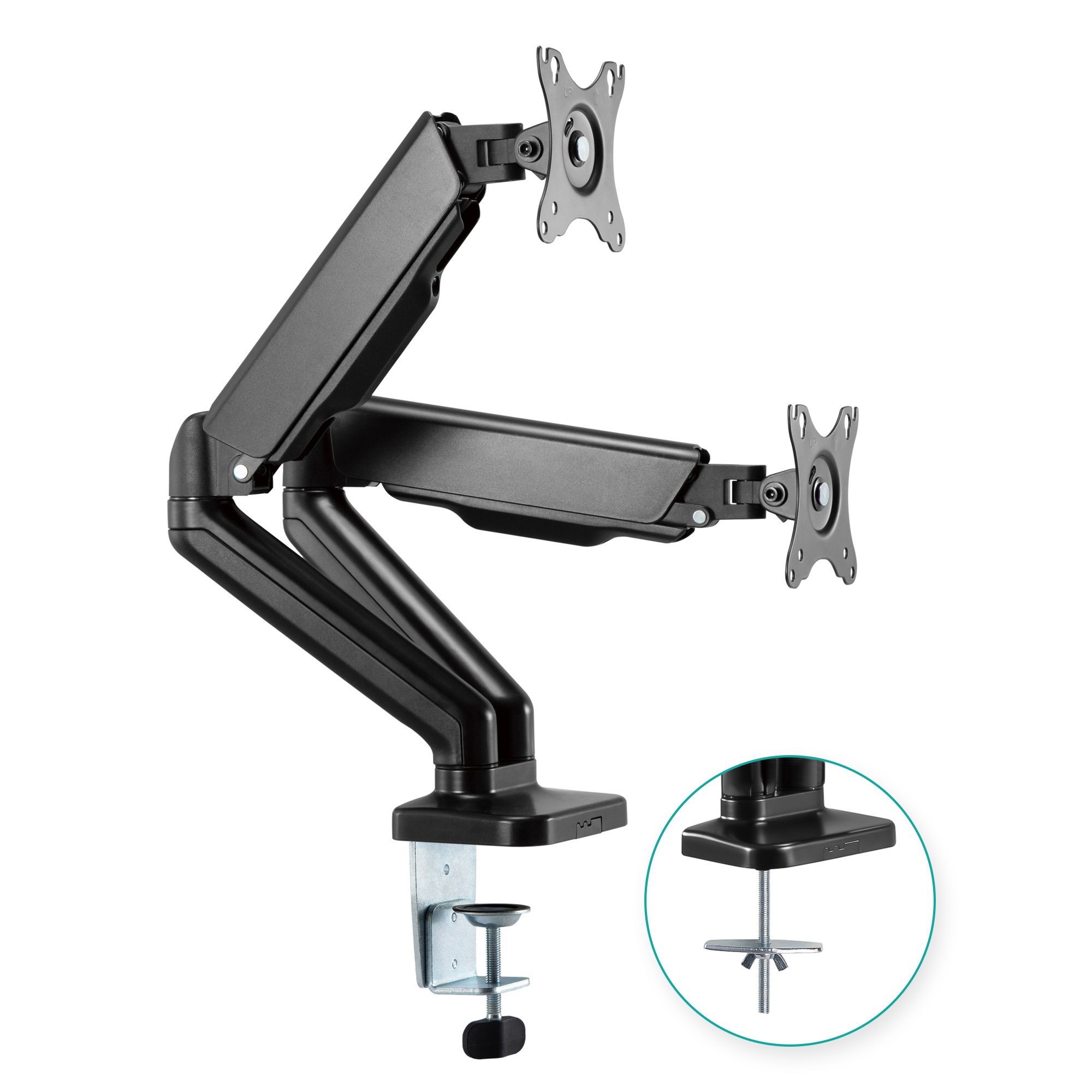 mbeat® activiva ErgoLife Dual Monitor Screen Steel Gas Spring Monitor Arm showcasing dual monitor setup with sleek design and adjustable features.