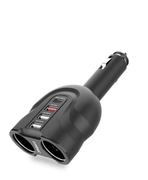 mbeat® Gorilla Power Four Port USB-C PD & QC3.0 Car Charger with multiple ports and 90-degree rotation design, ideal for fast charging devices in vehicles.