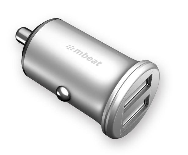 MBEAT Power Dot Pro Dual Port 4.8A Rapid Car Charger in metallic design, featuring dual USB ports for fast charging.