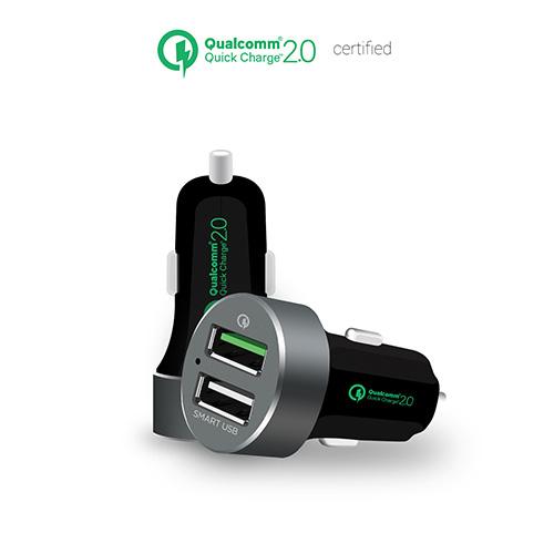 mbeat® QuickBoost USB 2.0 Dual Port Car Charger with Qualcomm certification, featuring dual USB ports for fast charging.