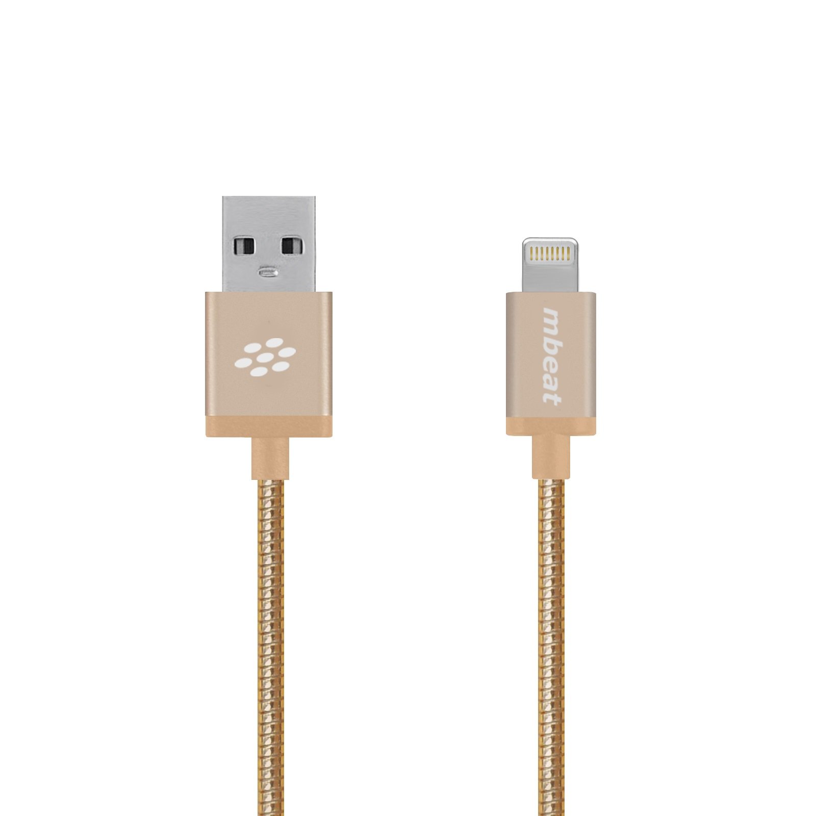 mbeat® Toughlink 1.2m Lightning Fast Charger Cable in gold with a durable metal braided design, compatible with various Apple devices.