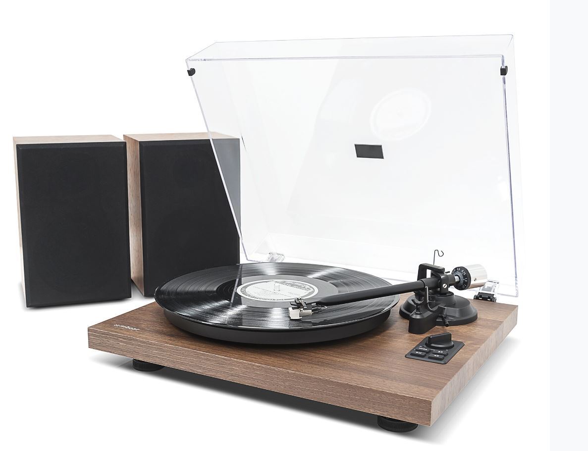 MBEAT Turntable with Speakers showcasing a sleek design and solid metal platter, perfect for vinyl enthusiasts and Bluetooth streaming.