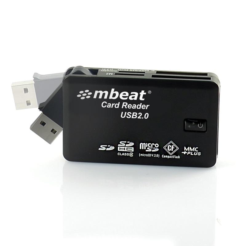 MBEAT USB 2.0 All In One Card Reader with swivel USB connector, compact design, and sleek black finish.